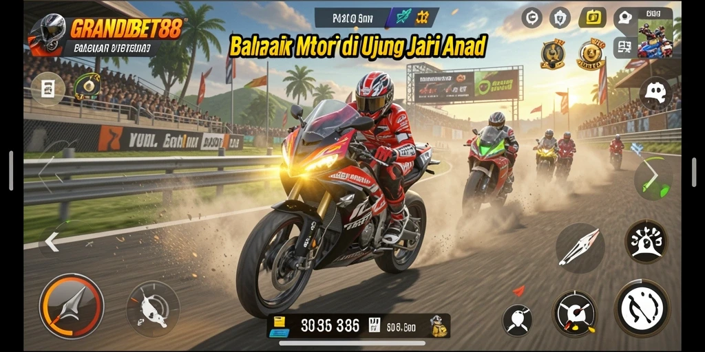 Tampilan gameplay menegangkan dari GRANDBET88 saat balapan motor.