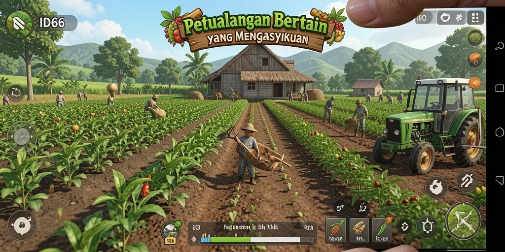 Tangkapan layar gameplay ID66 yang menunjukkan suasana ladang yang indah.