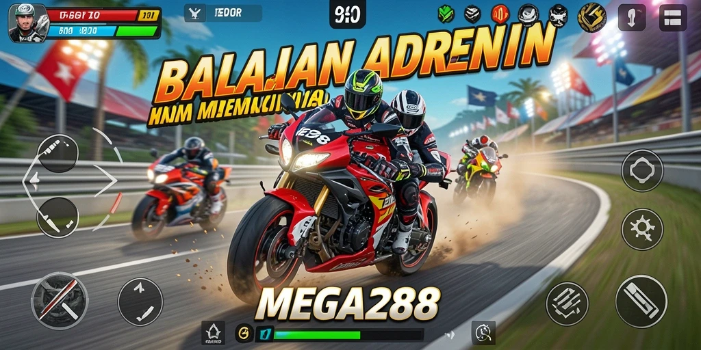 Gameplay mendebarkan di MEGA288 saat balapan motor di trek yang menantang.
