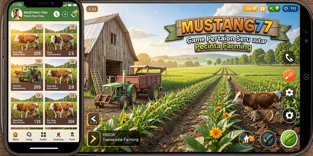 Gambaran gameplay MUSTANG77 menampilkan aktiviti pertanian yang seru dan interaktif.