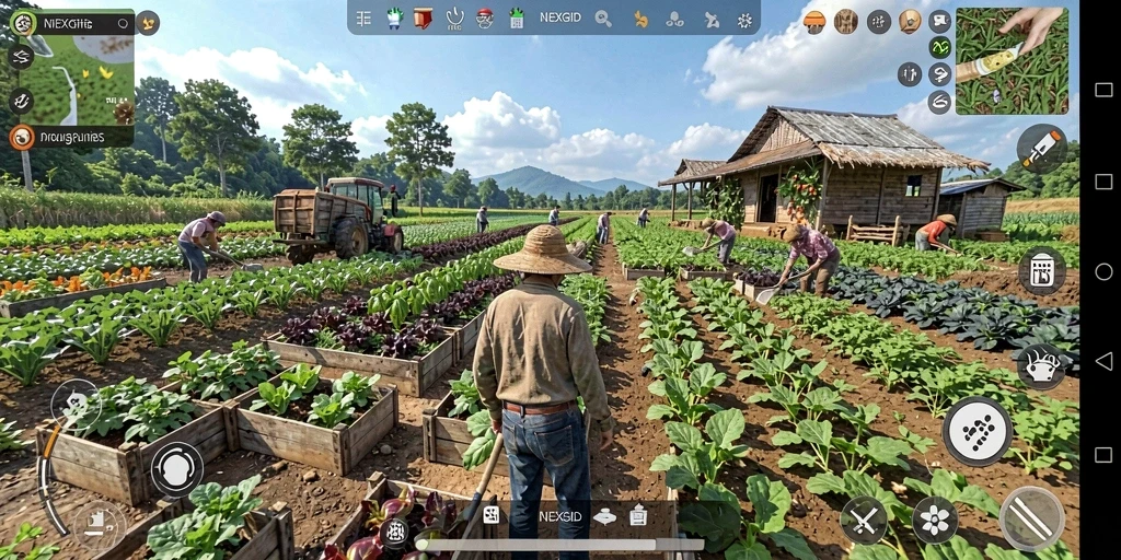 Tangkapan layar gameplay NEXGID yang menampilkan aktivitas berkebun yang menyenangkan.